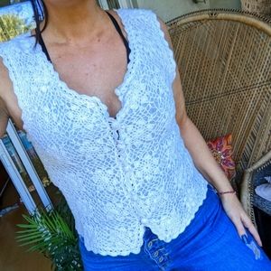 Vintage 90's Small Crochet Tank Top Ivory Knit Button Down Sleeveless Vest
